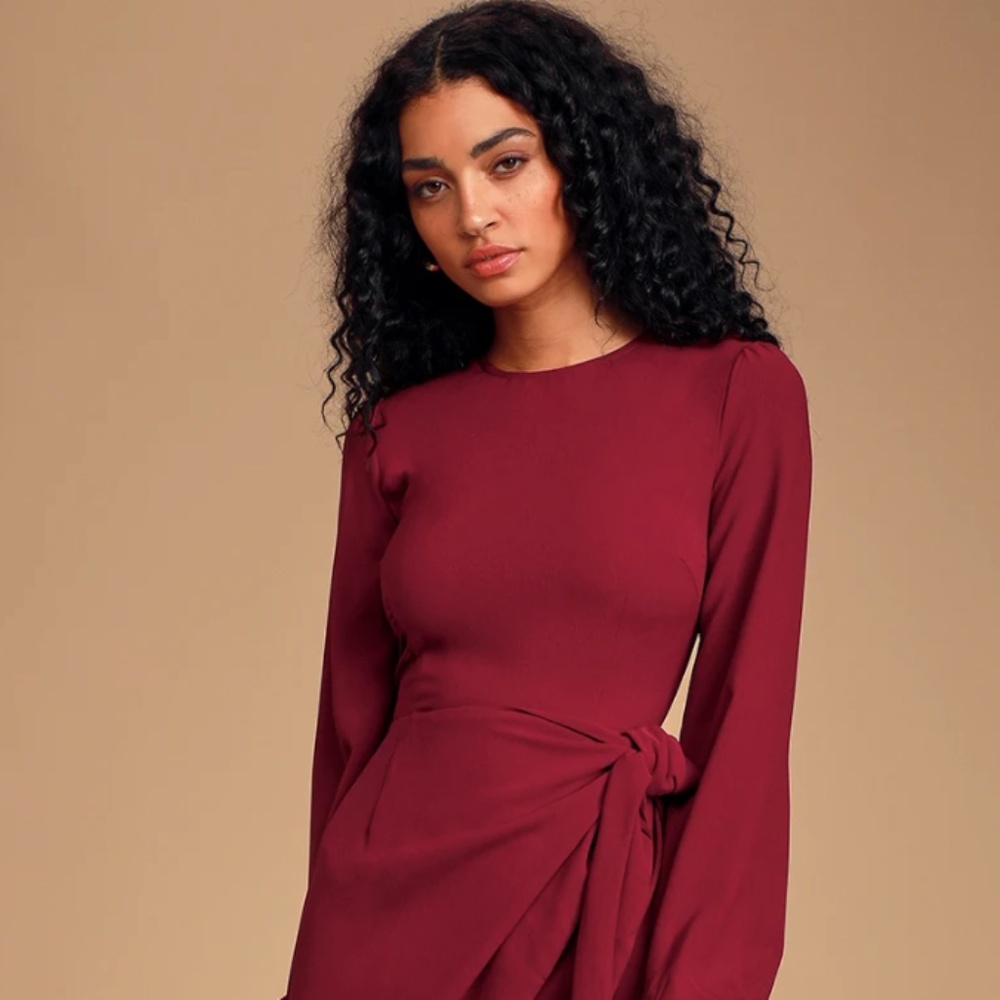 LULUS Wine Red Long Sleeve Tie-Front Skater Dress (XL) (NEW WITH TAGS)
